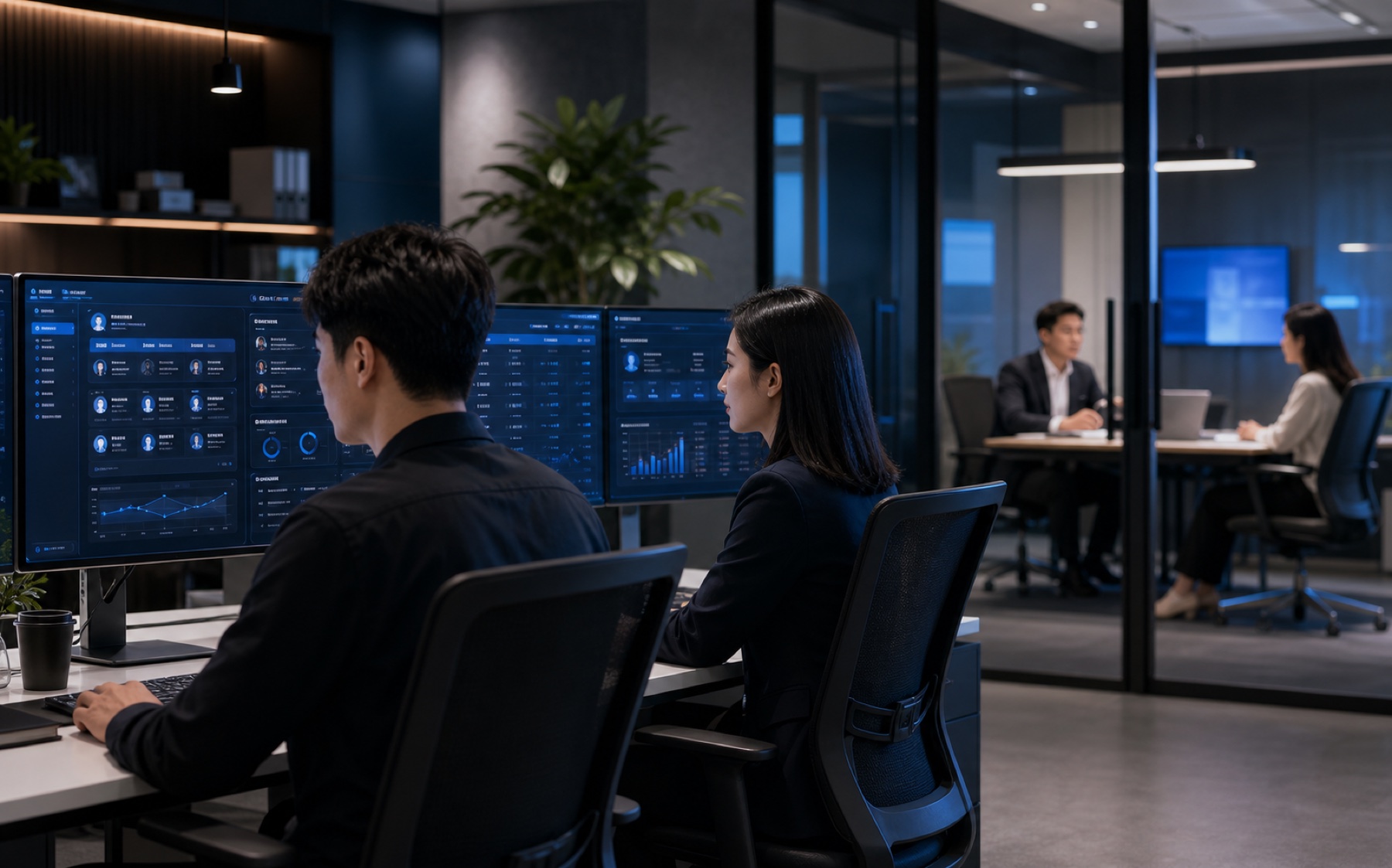 招聘运营团队在真实办公环境中管理候选人流程，背景会议室正在准备面试
